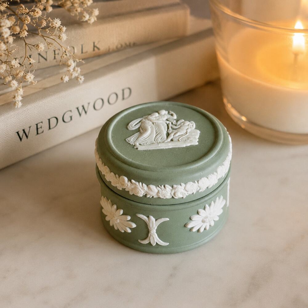 Wedgwood Sage Green Jasperware Cherub Mini Trinket Pill Box England